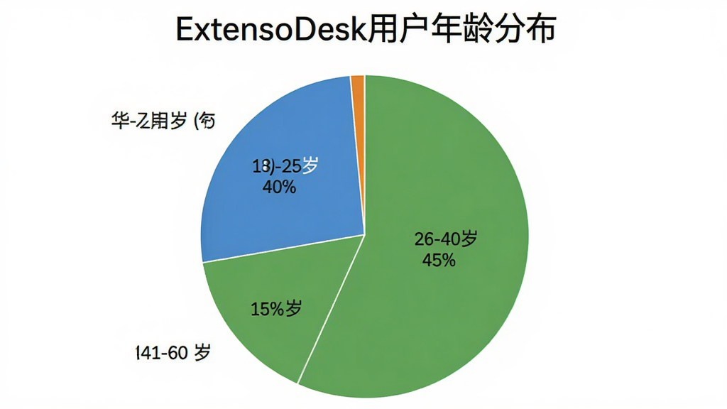 ��״ͼ��ʾExtensoDesk�û�����ֲ���18-25��ռ��40%��26-40��ռ��45%��41-60��ռ��15%����ɫ�ֱ�Ϊ��ɫ����ɫ����ɫ��ͼ��������������ɫ�����⡰ExtensoDesk�û�����ֲ��������ʸɾ����޶���Ԫ��