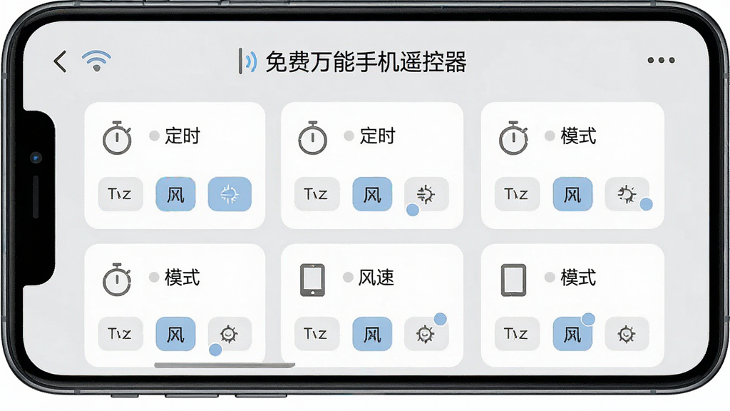 һ�š���������ֻ�ң������WiFi���ӽ��棬�ֻ���Ļ��ʾ�������豸���б���ÿ���豸��Ƭ���С���ʱ������ģʽ���������١��ȿ��ư�ť��������ǳ��ɫ������࣬ͼ�����������ʸɾ����޶���Ԫ��