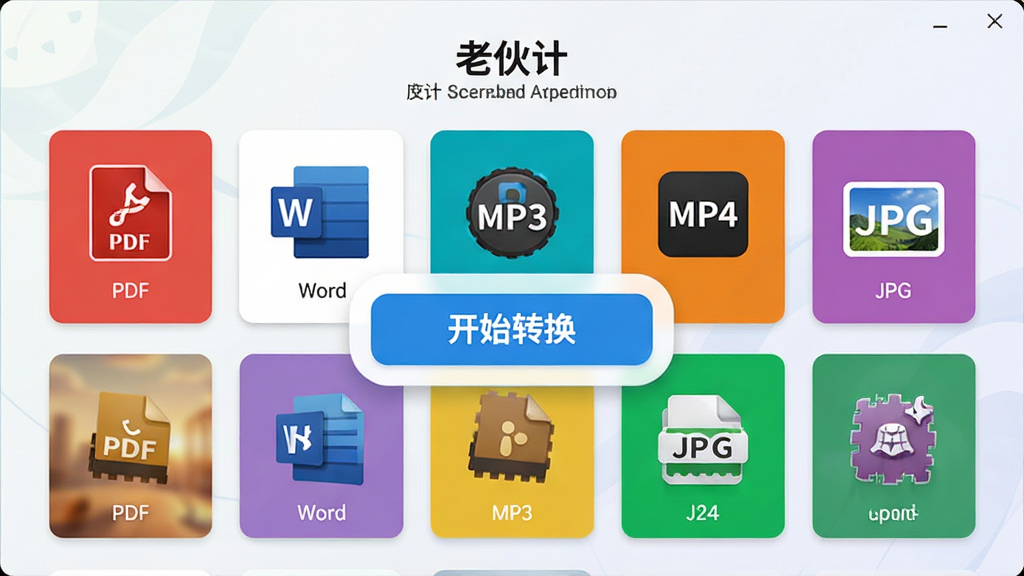 ���ϻ�ơ��ļ�ת�����ܽ����ͼ��չʾ���ָ�ʽͼ�꣬����PDF��Word��MP3��MP4��JPG�ȣ������Կ�Ƭ��ʽ���У�ÿ�ָ�ʽ������������ɫ��ʶ���м���һ����Ŀ�ġ���ʼת������ť���������ţ�������������ʸɾ���������רҵ���û��Ѻá�