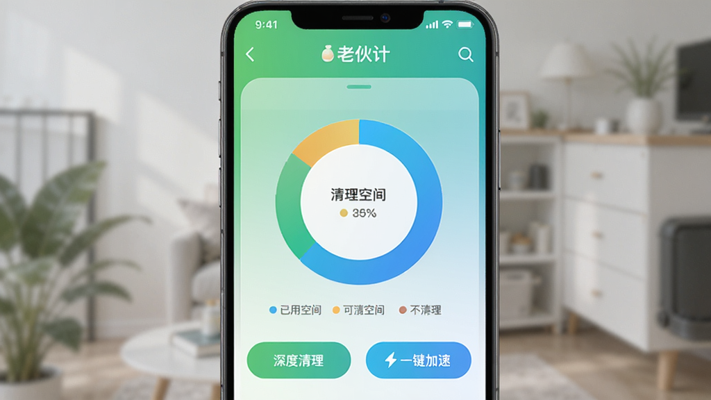 ���ϻ�ơ����������������н��棬��ʾ�ֻ��洢�ռ����ͼ���Ի���ͼ��ʽչʾ���ÿռ�Ϳ������ռ䣬�·��С�����������͡�һ�����١�������ť�����������ɫ����ɫ���䣬����ִ����Ӿ���ˬ������ϸ�壬�޶���Ԫ�ء�