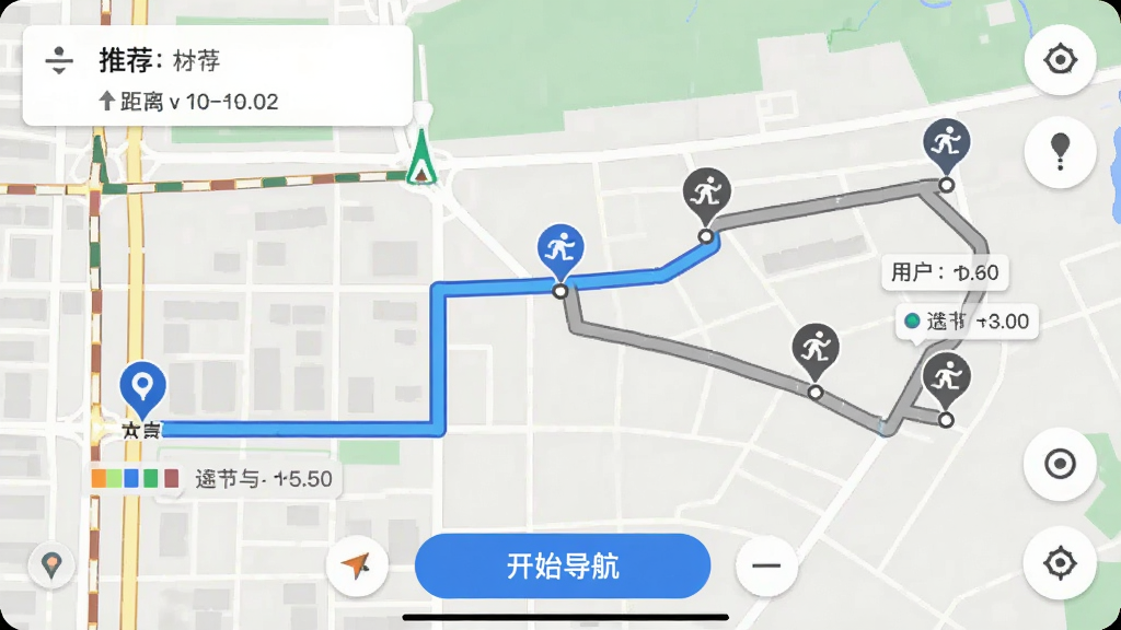 ��������Ϊ��ͼ�������棬��ʾһ����ɫ�Ƽ�·�ߺ�һ����ɫ��ѡ·�ߣ�������̼ң��յ��Ƕ���û��㣬�м�������λ��ͼ�ꡣ����Ϊȫ����ͼ���ײ��С���ʼ��������ť�����ʵ�ã�ϸ�ڰ���·����ɫ���;���ʱ���ǩ�������������޶���Ԫ�ء�