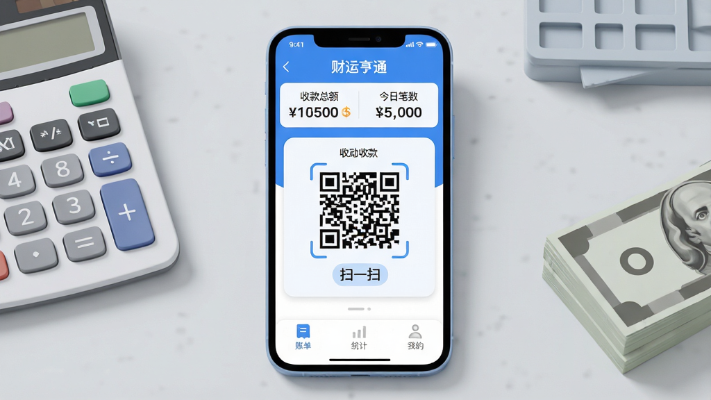���壺һ�������ֻ���Ļչʾ�����˺�ͨ��App�����棬���涥����ʾ���տ��ܶ�͡����ձ��������м�����Ŀ���տ��ά��͡�ɨһɨ��ͼ�꣬�ײ��С��˵�������ͳ�ơ������ҵġ�����ѡ������֣��ֻ����У�����Ϊǳ��ɫ����̨���Ա߷��м�������һ����Ʊ���Ű棺��������������ͼ���ࡣ����ִ���ƽ��������ɫ����ϸ��Բ�󡣻��ʣ�������Ⱦ���ɾ��޶���Ԫ�ء�