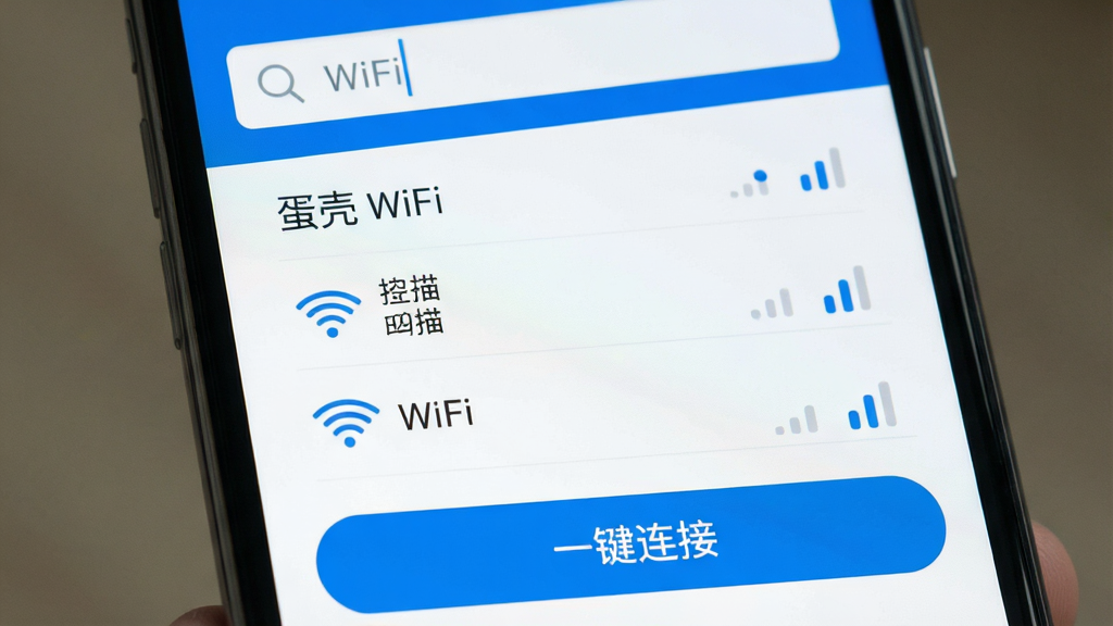 һ�������ֻ���Ļ����д����Ļ����ʾ�����ǡ�Ӧ�������棬�����࣬����������WiFi��������м���ɨ�赽��WiFi�б���ÿ���źŸ��Ա����ź�ǿ��ͼ�꣬�ײ��ǡ�һ�����ӡ�����ɫ��ť���������ƽ����������ɫ�����ʸɾ����޶���Ԫ�أ�ͻ�������ǡ�����