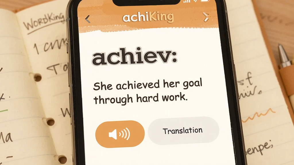 һ��չʾWordKing�龰���书�ܵ��ֻ���ͼ����������Ļ����ʾһ�����ʡ�achieve�������䡰She achieved her goal through hard work.���������·��з�����ť�ͷ��룬������ůɫ���ıʼǷ�񣬲��������������ܰ�����ʸɾ���