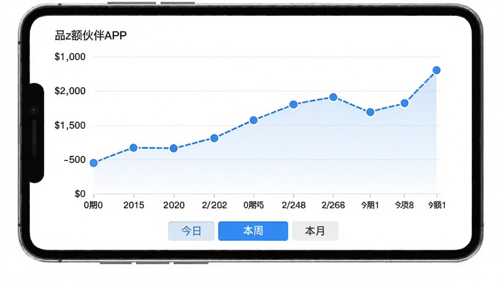 ��Ϊ���APP��ͳ�Ʊ���ҳ�棬��Ļ����ʾһ��Ӫҵ�������ͼ�����������ڣ������ǽ�ͼ���·��н��ա����ܡ����������л���ť������Ϊ��ɫ��ͼ������Ϊ��ɫ�����ݵ��������������࣬���ʸɾ���