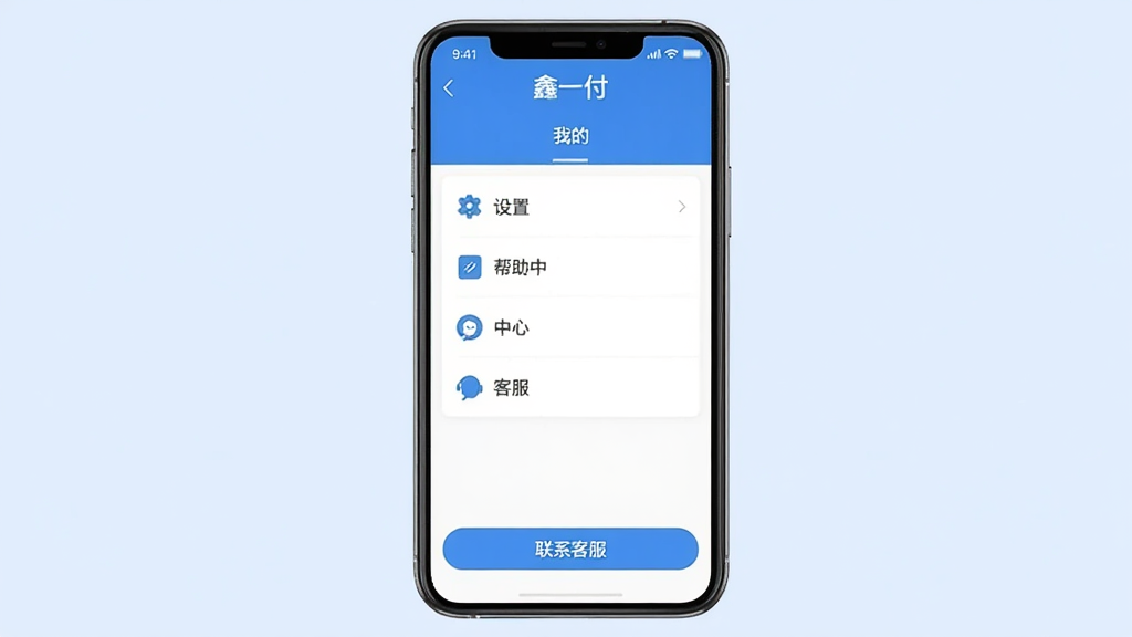 主体:一部手机显示“鑫一付”的“我的”页面,有设置、帮助中心、客服等选项;布局:手机居中,背景为淡蓝色;排版:屏幕内容清晰,功能列表排列整齐;风格:扁平化设计,蓝白配色;细节:屏幕顶部有“鑫一付”字样,底部有“联系客服”按钮;画质:干净无多余元素。