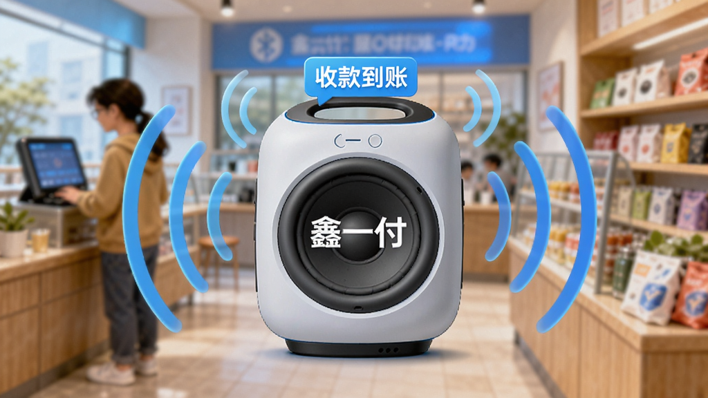 主体:一个蓝牙音箱或手机扬声器图标,周围有声音波纹扩散;布局:音箱居中,背景是模糊的店铺环境,有顾客和商品;排版:音箱上印有“鑫一付”字样,声音波纹用蓝色线条表现;风格:带点科技感的插画风,色彩明亮;细节:音箱顶部有“收款到账”小标签,音波向外扩散;画质:干净,无多余元素。