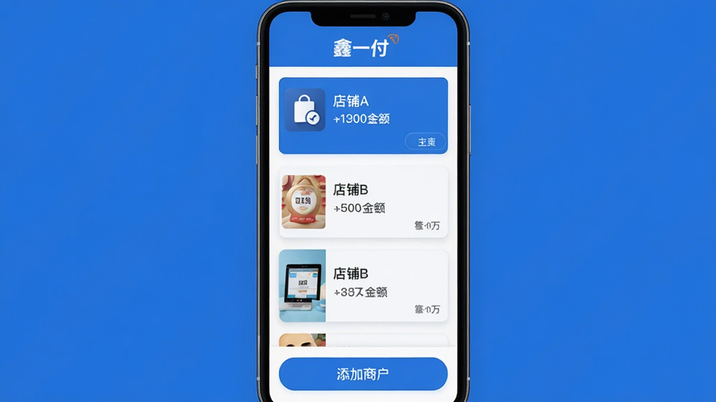 主体:手机屏幕显示“鑫一付”商户切换页面,有多个店铺卡片;布局:手机屏幕中央,卡片纵向排列;排版:卡片上显示店铺名称和收款金额,顶部有“鑫一付”字样;风格:简洁UI设计,扁平化,蓝色主题;细节:卡片上有“店铺A”“店铺B”等名称,底部有“添加商户”按钮;画质:干净无多余元素。