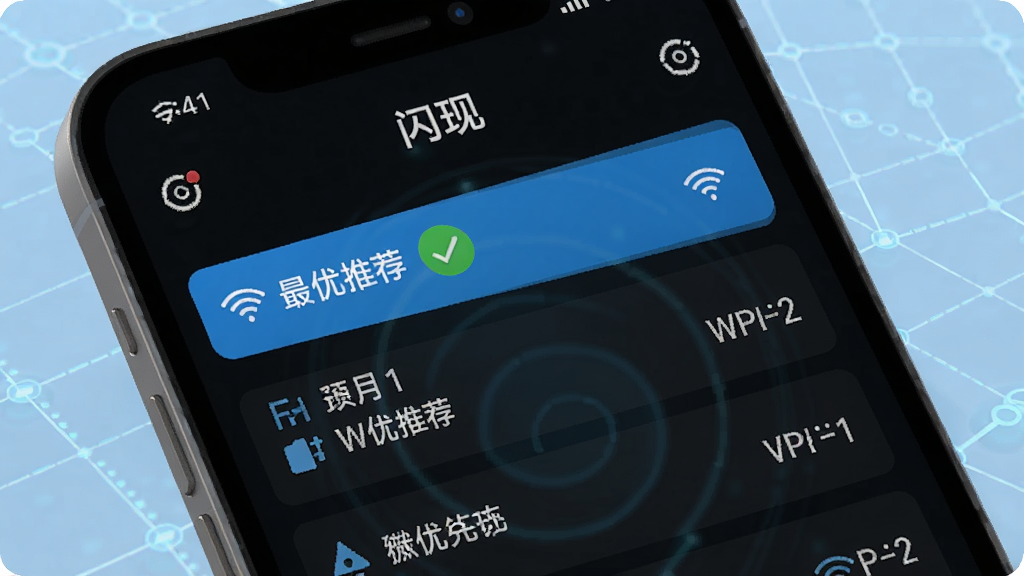 一个手机界面显示“闪现”的智能网络扫描结果,列表中有多个WiFi名称,排在第一的被标记为“最优推荐”,旁边有绿色勾号,背景是淡蓝色科技感网格,画质干净无多余元素。