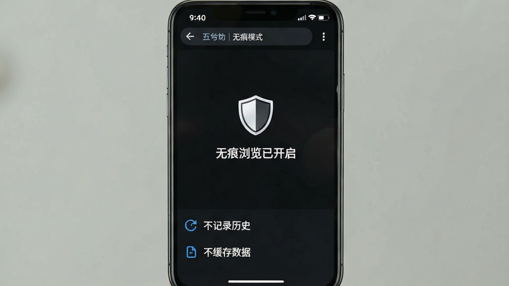 一张手机截图,显示五彩浏览器的无痕模式界面,界面以深色为主色调,中央有一个盾牌图标和“无痕浏览已开启”的字样,底部显示“不记录历史”“不缓存数据”等选项,风格简洁,图标清晰,画质干净,突出安全隐私保护功能