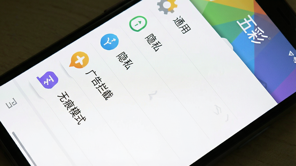 一张手机截图,显示五彩浏览器的设置界面,界面中有“通用”“隐私”“广告拦截”“无痕模式”等选项,风格简洁,图标清晰,画质干净,突出设置项和“五彩”品牌名
