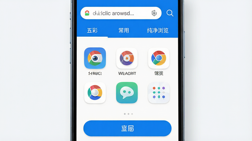 一张展示手机屏幕的图片,屏幕中显示五彩浏览器的主界面,界面风格简洁现代,采用蓝白配色,顶部是地址栏和标签页,中间是常用网站快捷方式图标,底部是菜单按钮,整体布局清晰,图标圆润,画质干净,无多余元素,突出“五彩”品牌名和“纯净浏览”的特点
