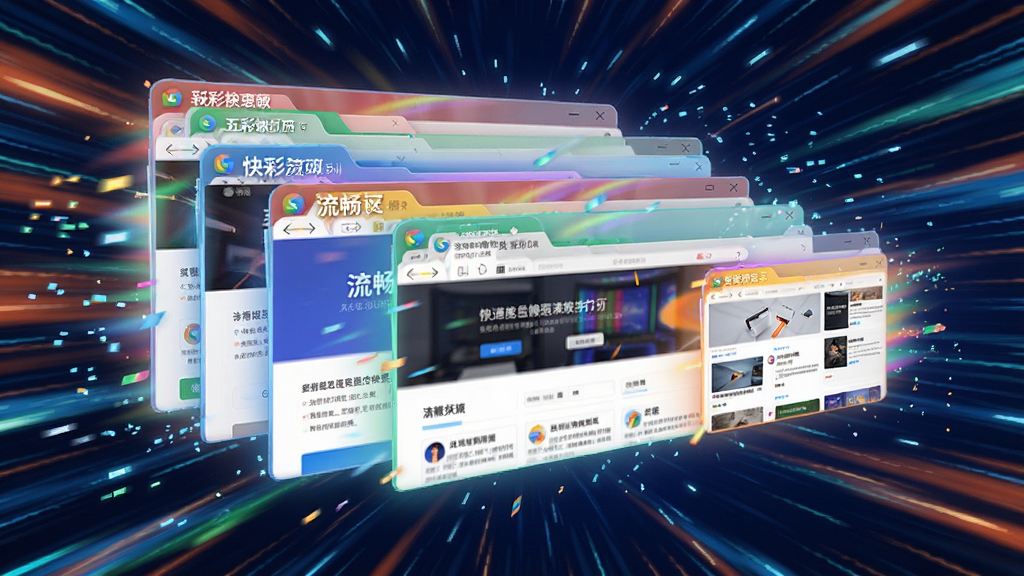 一张动态效果图,展示五彩浏览器快速打开多个网页标签的过程,标签页以缩略图形式排列,切换流畅,背景有速度线条,整体风格充满科技感,色彩明亮,突出“快”和“流畅”的特点,画质清晰