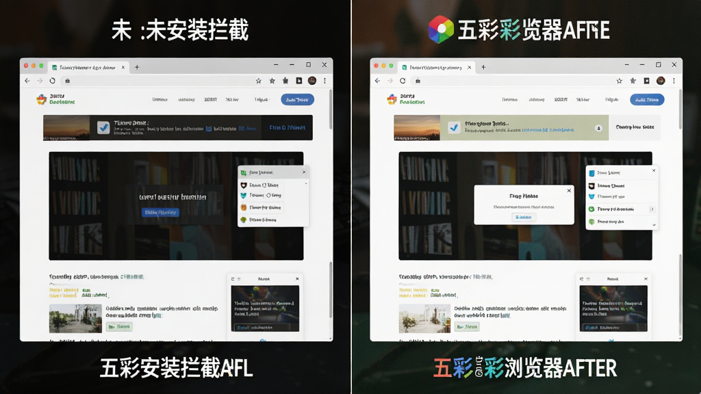 一张对比图,左侧是未安装广告拦截的浏览器页面,右侧是安装五彩浏览器后的页面,右侧页面明显更干净,没有广告横幅和弹窗,网页内容完整展示,图片风格简洁,对比明显,画质清晰,突出五彩浏览器的广告拦截功能