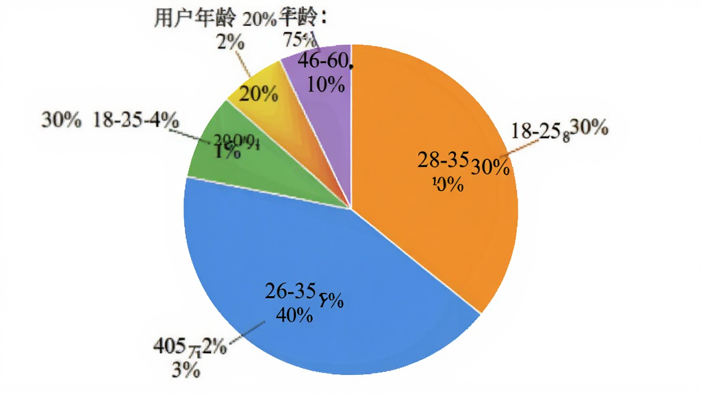 一张饼状图,展示五彩浏览器用户年龄分布,18-25岁占30%,26-35岁占40%,36-45岁占20%,46-60岁占10%,图表配色清晰,标注百分比,风格简洁,画质干净
