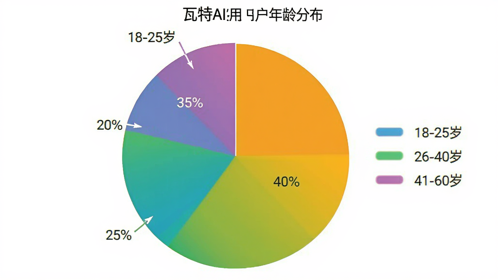 一张用户评价的饼状图,展示“瓦特AI”用户年龄分布,18-25岁占35%,26-40岁占40%,41-60岁占25%,图表风格简洁,配色明亮,有图例和百分比标注,画质干净无多余元素