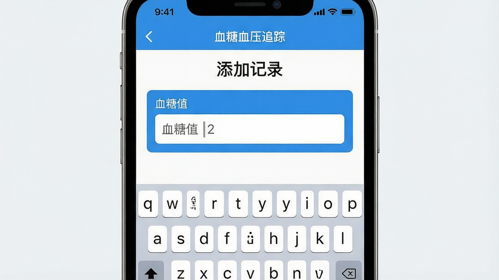һ���ֻ�Ӧ�ý�ͼ��չʾ��Ѫ��Ѫѹ׷�١��ļ�¼��дҳ�棬ҳ���Ϸ��ǡ����Ӽ�¼�����⣬�·���Ѫ��ֵ����򣬼��̵�����������������������ɫ�����ɾ�дʵ�������������޶���Ԫ�ء�