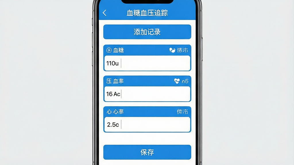 һ���ֻ�Ӧ�ý�ͼ��չʾ��Ѫ��Ѫѹ׷�١��ļ�¼ҳ�棬ҳ���Ϸ��ǡ����Ӽ�¼�����⣬�·�����������Ѫ�ǡ�Ѫѹ�����ʵ������ÿ��������Զ��ж�Ӧ�ĵ�λ��ǩ���ײ��С����桱��ť��������ñ���ʽ���֣�������ɫ�����������࣬���ʸɾ����޶���Ԫ�ء�