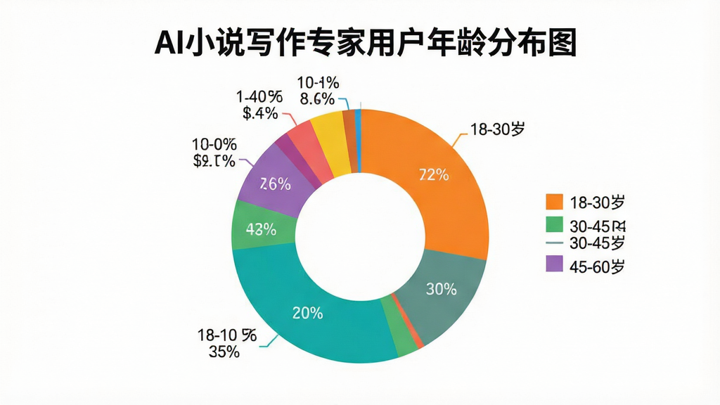 一张简洁明快的数据图表,标题为“AI小说写作专家用户年龄分布图”,图表主体为环形饼状图,不同颜色区块代表18-30岁、30-45岁、45-60岁等年龄段,并配有清晰的图例和百分比标签,风格扁平化设计,色彩鲜艳,背景为纯白色,画质干净无多余元素。