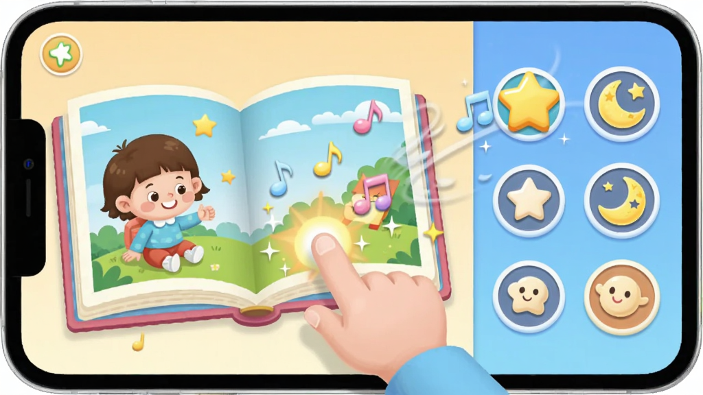 ����ͯ��App�Ļ����Ķ����棬��Ļ�����һ���򿪵ĵ��ӻ汾���Ҳ��пɵ�������ǡ�������ͼ�꣬�������ֶ���Ч����һ��С��������ָ�����Ļ����Χ��������������Ч������ɫ����ͣ����ͨ������������