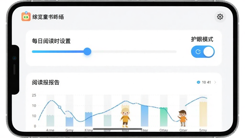 ����ͯ��App�ļҳ����ƽ��棬��ʾÿ���Ķ�ʱ�����û��飬�Ա��С�����ģʽ�����أ��·����Ķ�����ͼ�������������������Ƽ��У����ʸɾ���