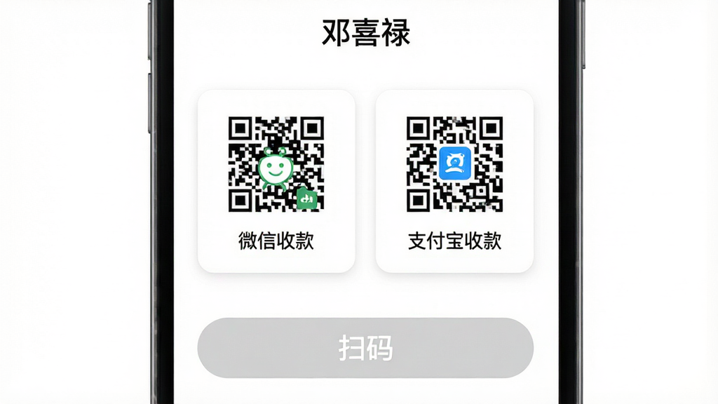 һ��չʾ�ֻ�Ӧ�ý����ͼƬ�����涥����ʾ����ϲ»���������м䲿�ֲ���չʾ������ά�뿨Ƭ����࿨Ƭ��ע��΢���տ���Ҳ࿨Ƭ��ע��֧�����տ���ײ���һ��ͻ���ġ�ɨ�롱��ť�����岼�ֲ��ñ�ƽ����ƣ�����Ϊ����ɫ�����ܰ�ť����ǳ��ɫԲ�Ǳ߿򣬷�������������ʸɾ��޶���Ԫ�ء�