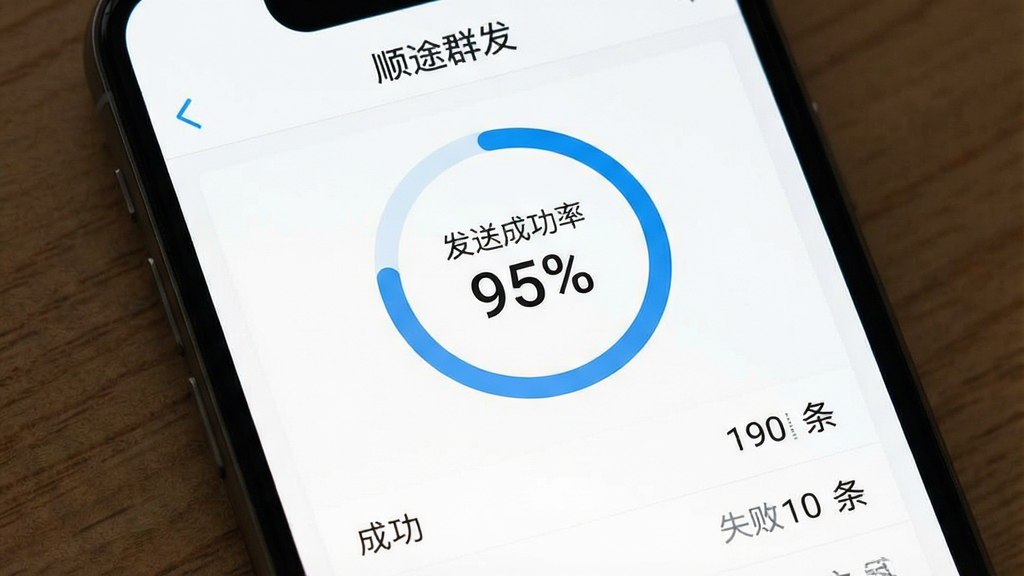 图片生成描述:一张完整的手机应用界面截图,上方是“顺途群发”的发送报告页面,页面中央有一个圆环百分比图,显示“发送成功率 95%”,下方以列表形式展示“成功 190条”“失败 10条”等数据,整体设计为白色背景配蓝色图表,风格清晰直观,画质干净无多余元素。