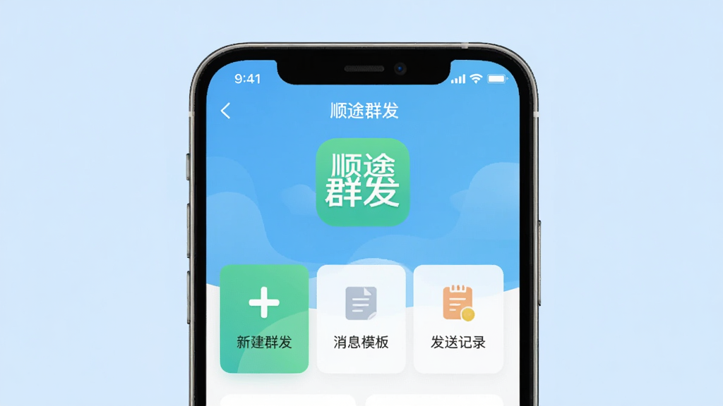 图片生成描述:在干净整洁的浅蓝色背景上,居中展示一款手机应用界面截图,屏幕中显示“顺途群发”的应用图标和主界面,界面包含“新建群发”“消息模板”“发送记录”等功能卡片,整体风格现代扁平,色彩清新,画质干净,无多余元素。