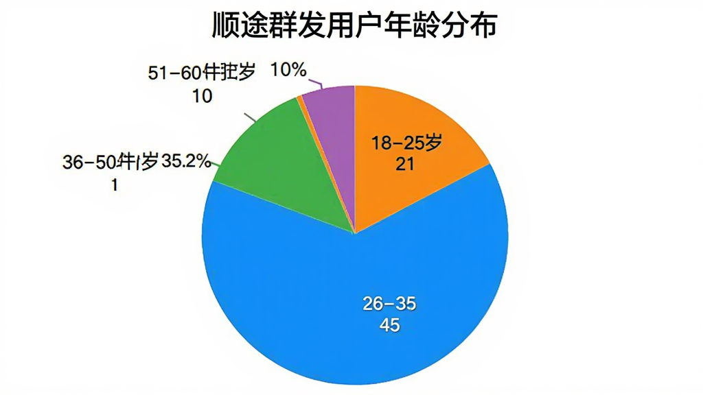 图片生成描述:一张饼状图,展示“顺途群发用户年龄分布”,其中18-25岁占20%,26-35岁占45%,36-50岁占25%,51-60岁占10%,图表配色明亮,标注清晰,背景为纯白色,画质干净无多余元素。