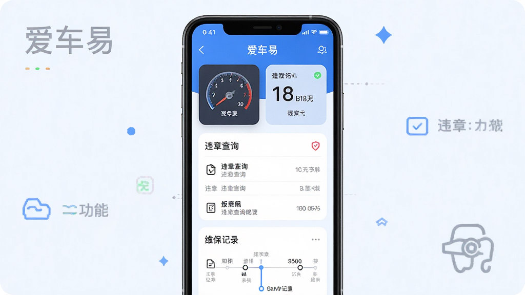 生成一张展示“爱车易”APP核心功能的宣传图,主体是手机屏幕界面,屏幕内显示车辆仪表盘风格的数据卡片、违章查询结果列表、维保记录时间轴,布局以蓝白为主色调,排版简洁清晰,风格现代扁平,细节包括圆角卡片、图标线性风格,画质干净无多余元素。