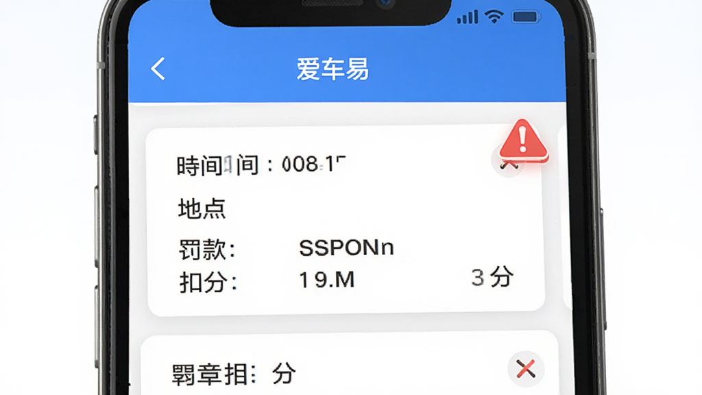 生成一张“爱车易”APP的违章查询结果页面图,主体是手机屏幕,显示一条违章记录卡片,包含违章时间、地点、罚款金额、扣分,布局以列表形式,排版清晰,风格写实,细节有红色违章标记,画质干净无多余元素。