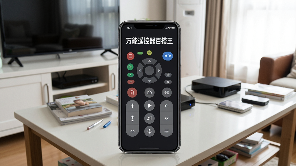 一张手机屏幕展示万能遥控器百搭王主界面的高清图片,手机放在凌乱的家庭茶几上,背景有电视、空调、机顶盒,界面显示“万能遥控器百搭王”字样和几个大大的虚拟遥控器按钮,布局清晰,排版干净,风格写实明亮,细节丰富,画质清晰干净无多余元素