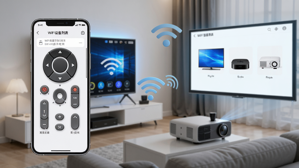 一张展示万能遥控器百搭王WiFi连接功能的图片,主体是智能手机连接客厅的智能电视和投影仪,界面显示“WiFi设备列表”,有电视、机顶盒、投影仪,布局清晰,排版科技感,风格简洁明亮,细节有WiFi信号图标,画质高清干净