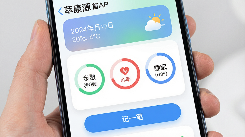 图片主体为智能手机屏幕特写,屏幕正中间清晰显示“萃康源”APP的今日健康首页,布局简洁,上方是日期和天气,中间是步数、心率和睡眠三大圆形进度环,下方是“记一笔”蓝色悬浮按钮,排版清爽,扁平化设计风格,细节包括圆润的图标和柔和的渐变背景色,画质高清干净,无多余元素