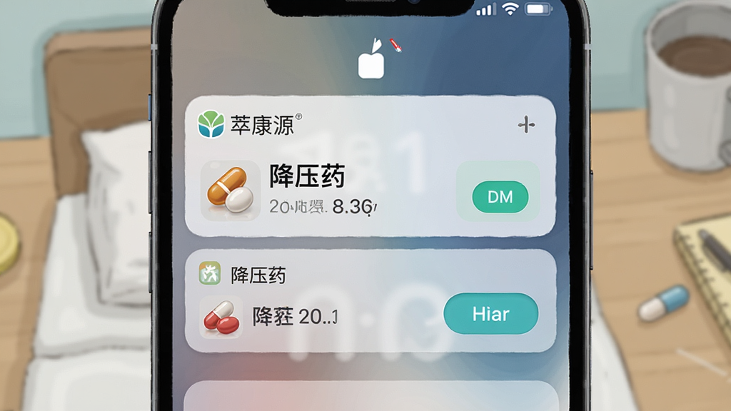图片主体为手机锁屏界面上的通知栏提醒,顶部横幅清晰显示“萃康源”的用药提醒卡片,上面写着“降压药”和具体时间,背景为模拟的桌面壁纸,布局自然,拟物化设计风格,细节包括药丸图标和提醒按钮,画质柔和干净,无多余元素