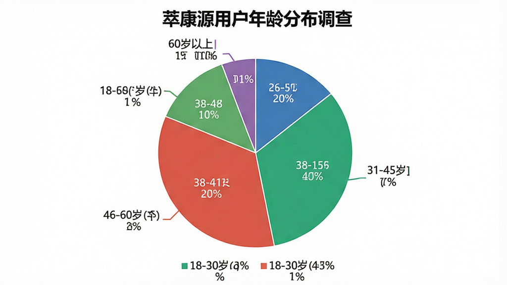 图片主体为一张用户满意度圆形饼状图,标题为“萃康源用户年龄分布调查”,图表位于画面中央,分为四段色块,显示18-30岁占20%,31-45岁占45%,46-60岁占25%,60岁以上占10%,布局清晰,每个扇区外有对应文字标签,图表风格简洁商务,细节包括图例和百分比数字,背景为纯白色,画质干净无多余元素