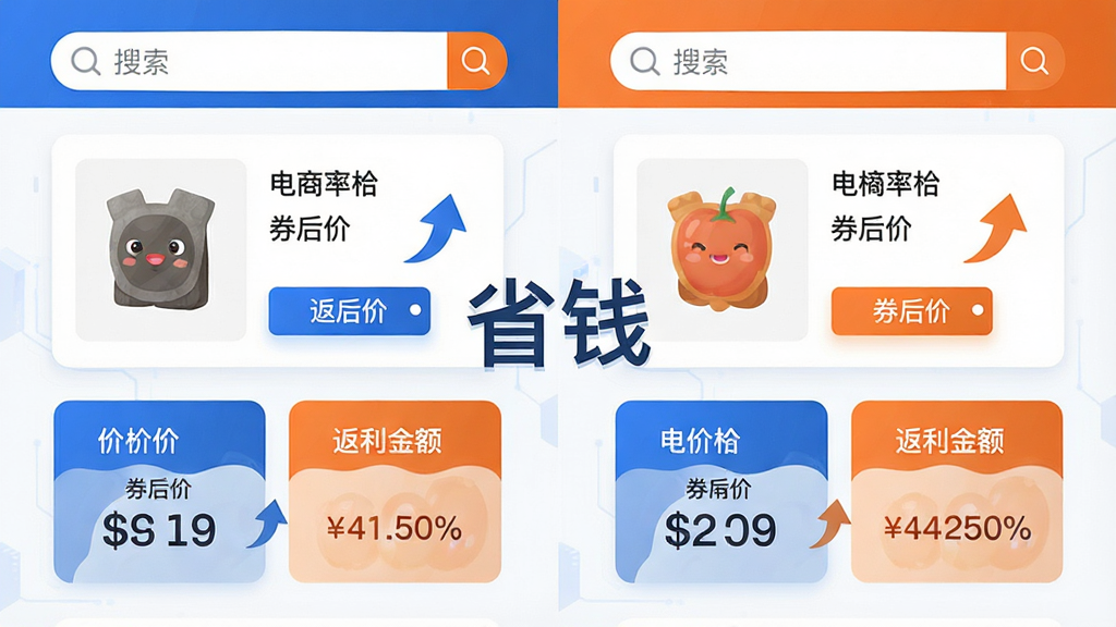主体:“返利”APP的比价功能界面,左右分屏对比两个电商平台的价格和返利比例,中间有“省钱”字样。布局:左右对称,上方为搜索框,下方为对比结果卡片。排版:信息卡片式排列,清晰展示价格、券后价、返利金额。风格:科技感扁平插画,蓝橙对比色,突出数据差异。细节:屏幕上有商品图片、价格标签、返利百分比箭头,背景干净,无多余元素。