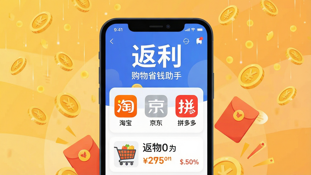 主体:一款名为“返利”的手机购物省钱应用界面,屏幕上显示各大电商平台的商品和返利金额,周围有金币和红包元素。布局:手机居中,界面清晰展示返利数据,背景是明亮的暖色调。排版:简洁现代,信息层次分明,主标题“返利”醒目,副标题“购物省钱助手”。风格:扁平化插画风格,色彩明快,细节丰富。细节:手机屏幕上有“淘宝”、“京东”、“拼多多”图标和返利百分比,金币雨效果,画质干净无多余元素。
