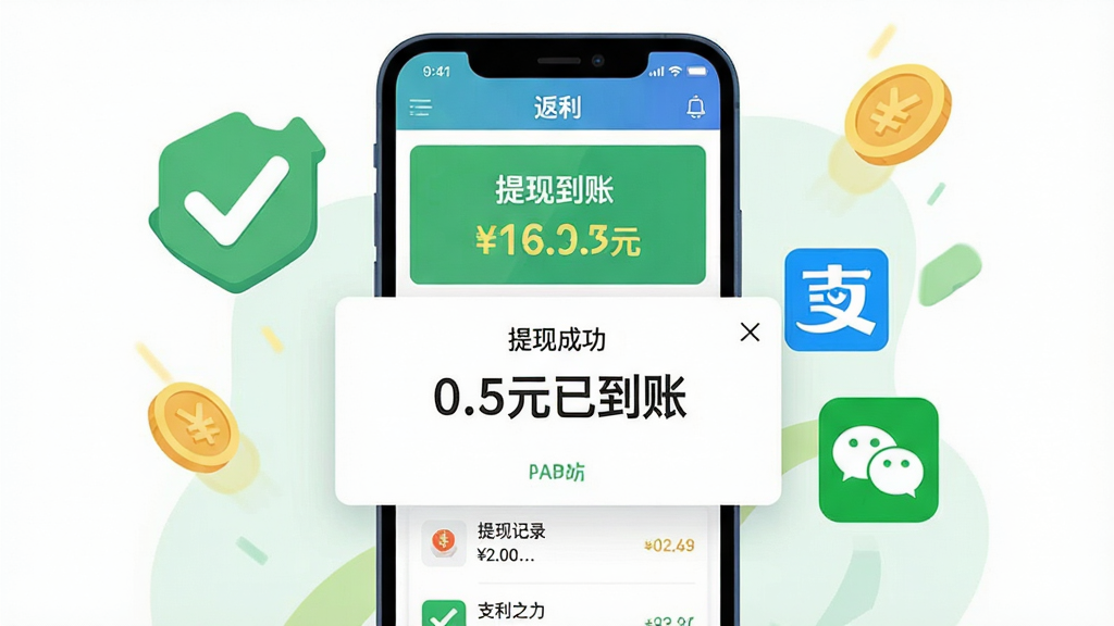 主体:一部智能手机显示“返利”APP的提现成功界面,屏幕上显示“提现到账”和金额,旁边有支付宝和微信的图标。布局:手机竖屏居中,提现成功通知弹窗突出,背景有绿色对勾和金币。排版:简洁清爽,重点突出“0.5元已到账”。风格:扁平插画,轻快明亮。细节:手机屏幕上有“返利”字样,提现记录列表,画质干净无多余元素。