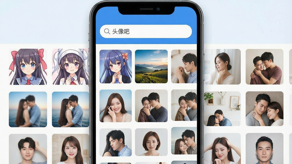 一张手机屏幕的俯视图,屏幕内显示“头像吧”APP的主界面,界面风格清新简洁,顶部搜索栏清晰可见,下方是整齐排列的各类头像缩略图网格,涵盖动漫、风景、情侣等多种风格,界面采用蓝白主色调,扁平化设计,画质干净无多余元素。