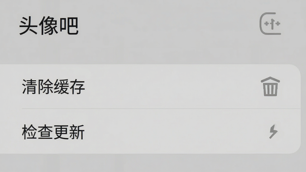一张手机截图,显示“头像吧”APP的设置页面,页面中有“清除缓存”和“检查更新”选项,背景为简洁的灰色调,文字清晰,界面友好,画质干净无多余元素。