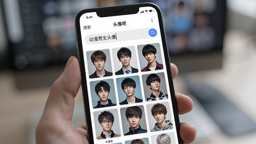 一部手机正在使用“头像吧”APP的搜索功能,手机屏幕显示搜索框内输入了“动漫男生头像”,下方展示出大量符合关键词的高清头像图片,图片排列整齐,加载流畅,背景虚化处理,突出手机屏幕内容,画质干净。