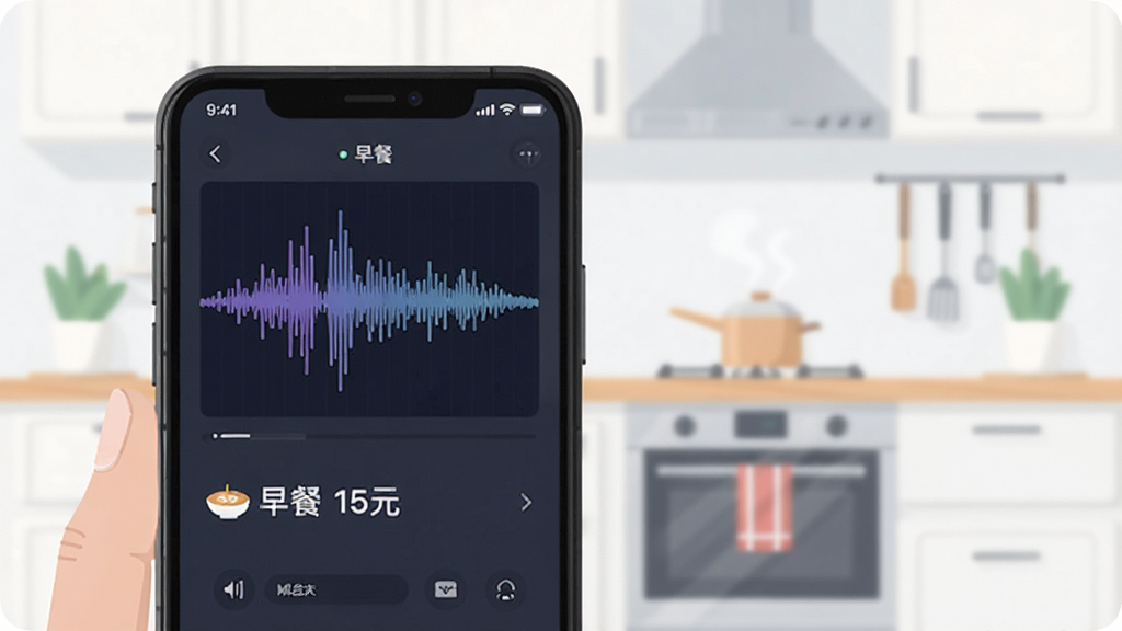 财可夫斯基智能语音记账功能演示,手机界面显示语音波形图,并出现“早餐 15元”的文字识别结果,背景为简洁的厨房场景,整体画质干净明亮,扁平插画风格,突出智能快捷的体验,无多余元素