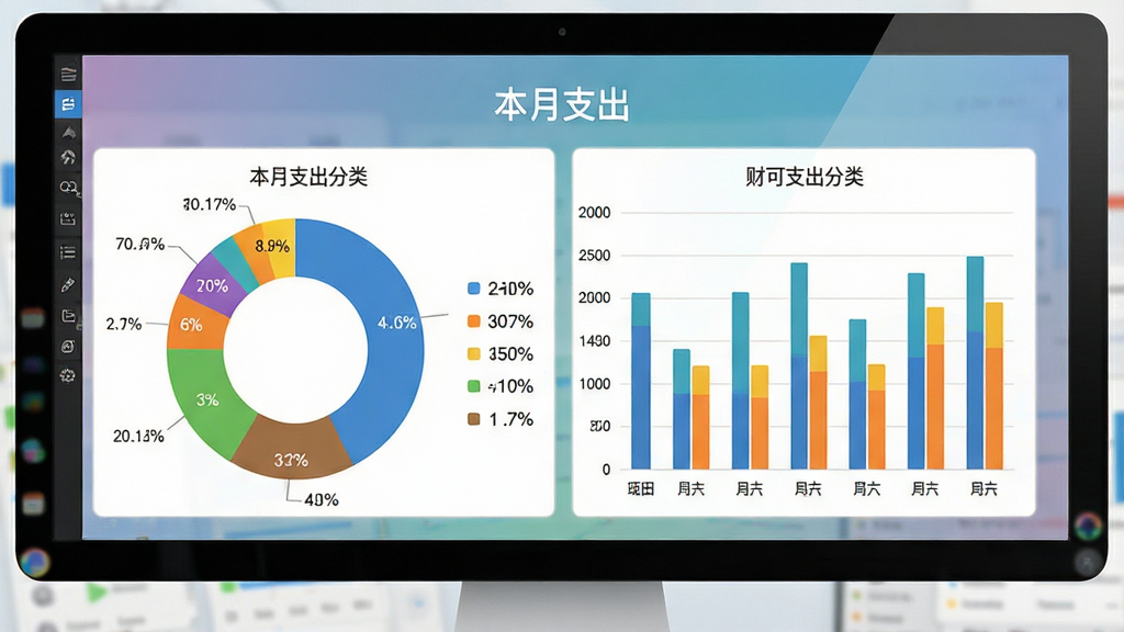 财可夫斯基报表分析界面截图,屏幕上展示彩色环形饼图和柱状图,分类标签清晰,图表上方有“本月支出”标题,背景为纯色渐变,整体风格清爽专业,数据可视化直观,画质干净无多余元素