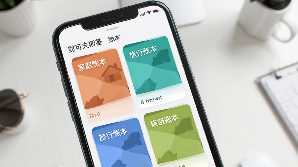 财可夫斯基多账本切换界面,手机屏幕上显示多个账本卡片,包括“家庭账本”“旅行账本”等,封面颜色不同,背景为简洁桌面,画质干净,UI设计现代,无多余元素