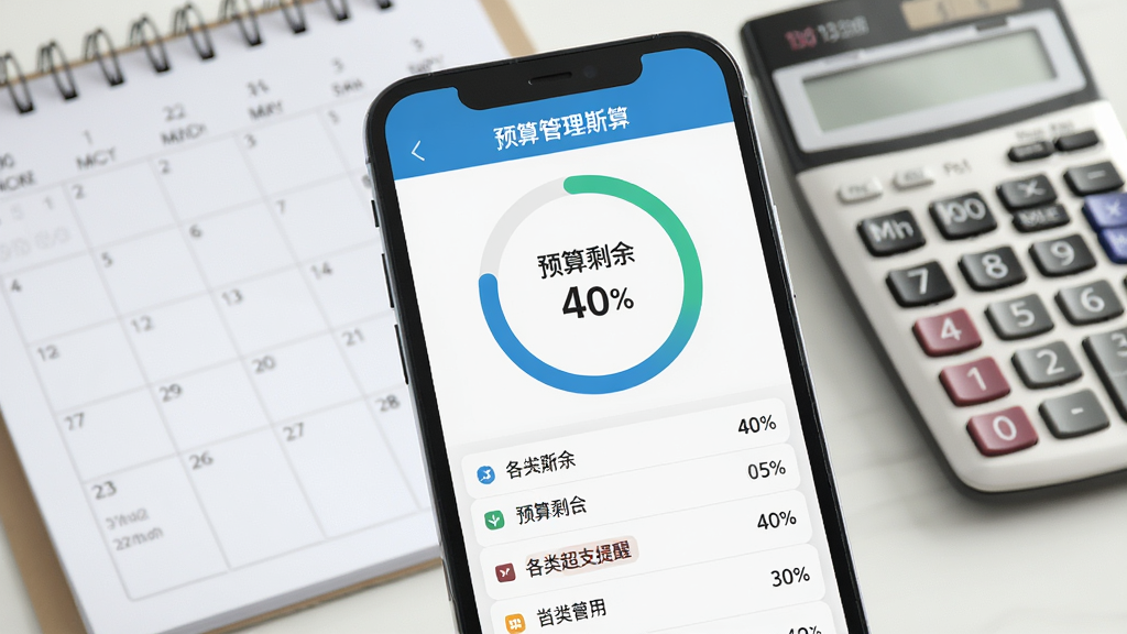 财可夫斯基预算管理功能展示,手机界面显示环形进度条,标注“预算剩余 40%”,下方有各类目超支提醒列表,背景是桌面日历和计算器,整体画质干净明亮,商务风格,无多余元素