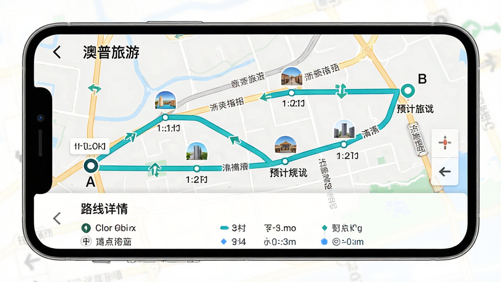 画面主体为手机横屏展示“澳普旅游”的路线规划页面,屏幕上有一条从A点经过多个景点到达B点的彩色路线图,沿途标注了景点图标和预计时间。布局为地图占据上方四分之三,下方为路线详情列表。风格为简洁地图风格,蓝绿色路线清晰可见,细节包括道路名称和转弯箭头。画质干净明亮,无多余元素。
