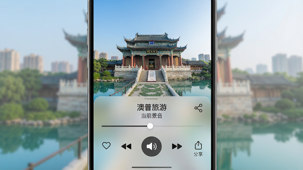 画面主体为“澳普旅游”应用的语音导游播放页面,展示当前景点名称、播放进度条和声音控制按钮。布局为上方是景点高清大图,下方是播放器控制区。风格为极简音乐播放器风格,背景为毛玻璃效果,细节包括收藏和分享图标。画质柔和干净,无多余元素。