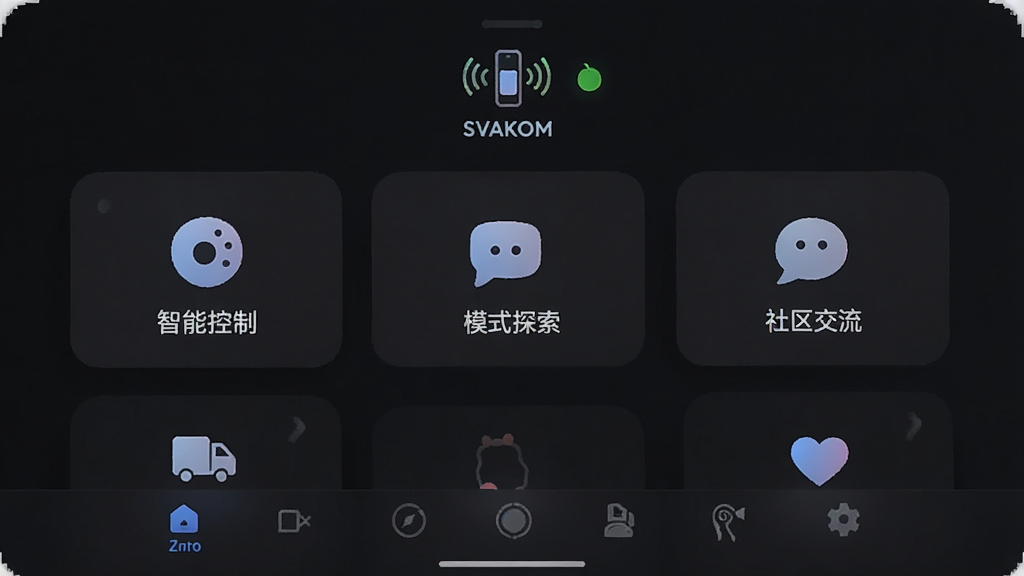 一张展示SVAKOM PLUS应用主界面的高清截图,界面以深色为基调,布局简洁现代,顶部有设备连接状态图标,中部展示多个功能模块图标如