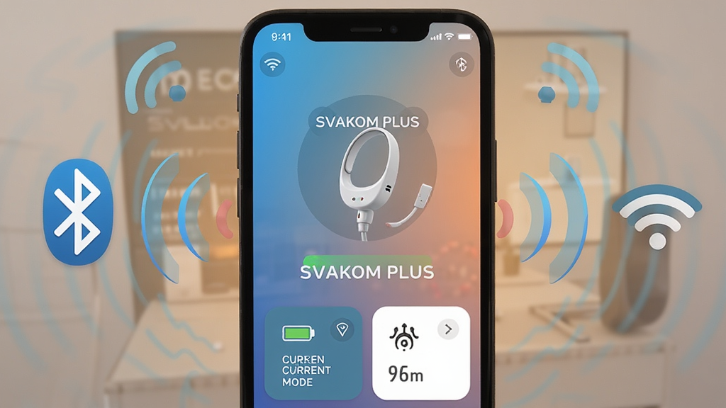 一张SVAKOM PLUS连接智能设备的界面示意图,手机屏幕显示